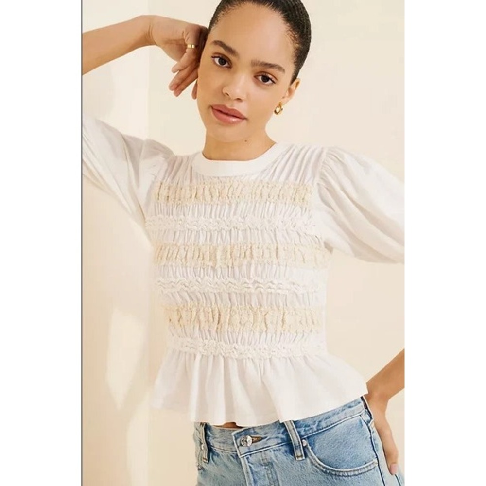 Free People Maxey Knit Top Smocked Cropped Fitted Puff Sleeve Ruffle Ivory Sz M